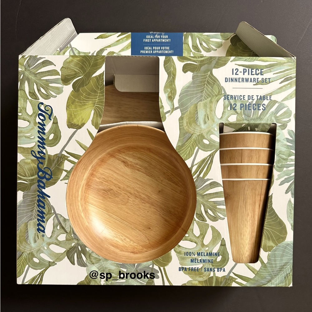 🎁12PC Tommy Bahama Melamine Dinnerware - BPA Free Melamine Wood Grain Finish